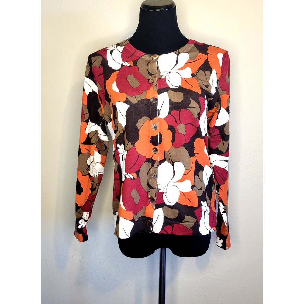 Chico’s Silk Blend Floral Cardigan Size 2 (12‑14) Button Front Long Sleeve